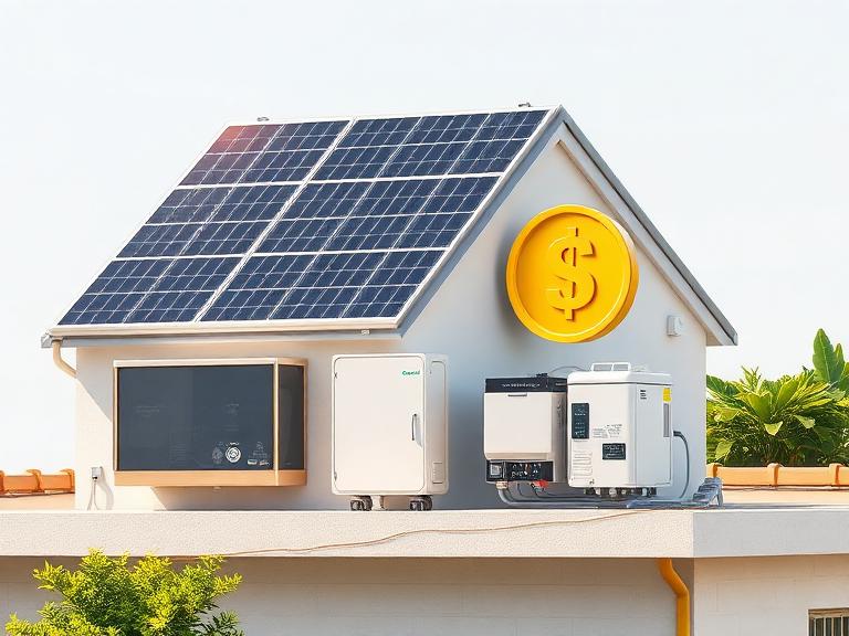 سیستم برق خورشیدی خانگی شامل پنلها، اینورتر، باتری و تجهیزات جانبی، با المان برجسته و بولد نشاندهنده هزینه و قیمت