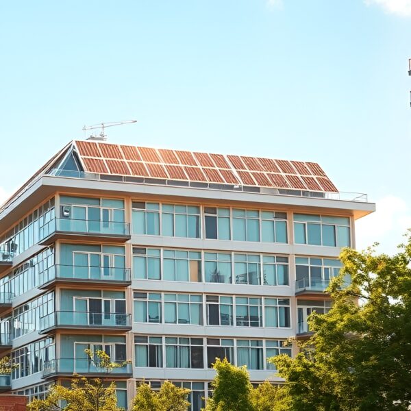 پنل خورشیدی نصب شده روی پشت بام ساختمان بالای ۴ طبقه، نمایی از شهر پایدار و انرژی پاک