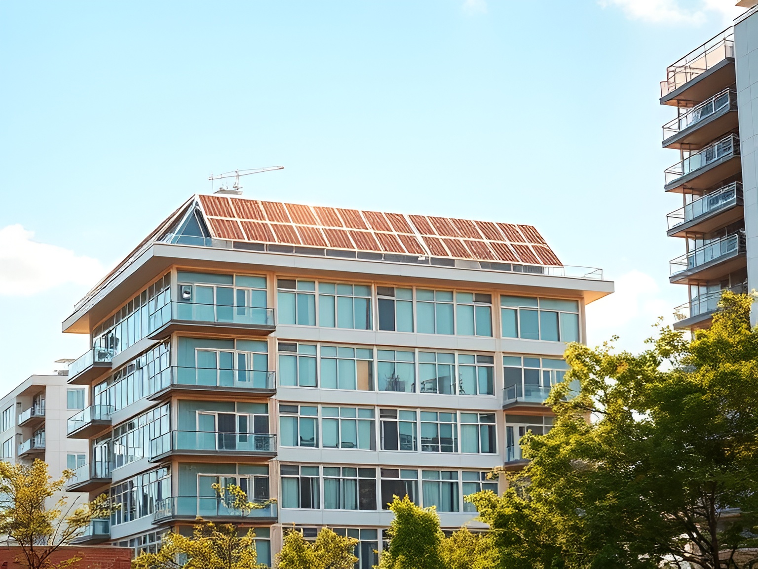 پنل خورشیدی نصب شده روی پشت بام ساختمان بالای ۴ طبقه، نمایی از شهر پایدار و انرژی پاک