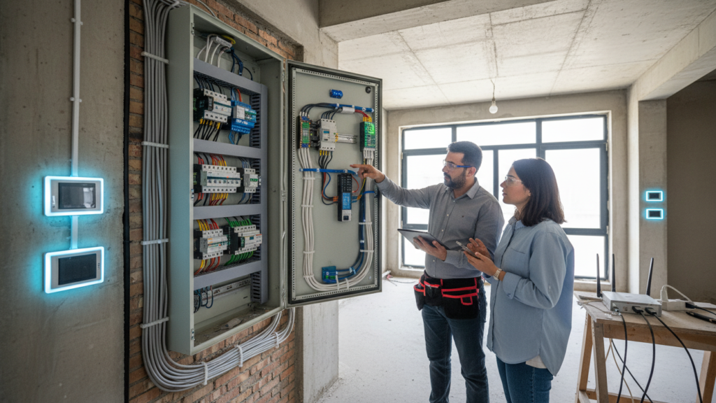 نمایی از برق‌کشی ساختمان با زیرساخت هوشمندسازی شامل تابلو برق هوشمند، کلیدهای لمسی و تجهیزات خانه هوشمند
