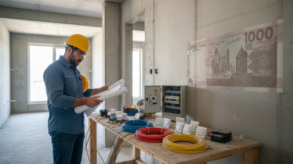 نماد هزینه برق‌کشی ساختمان با تجهیزات برق و نشانه‌ای هنری از پول ایرانی
