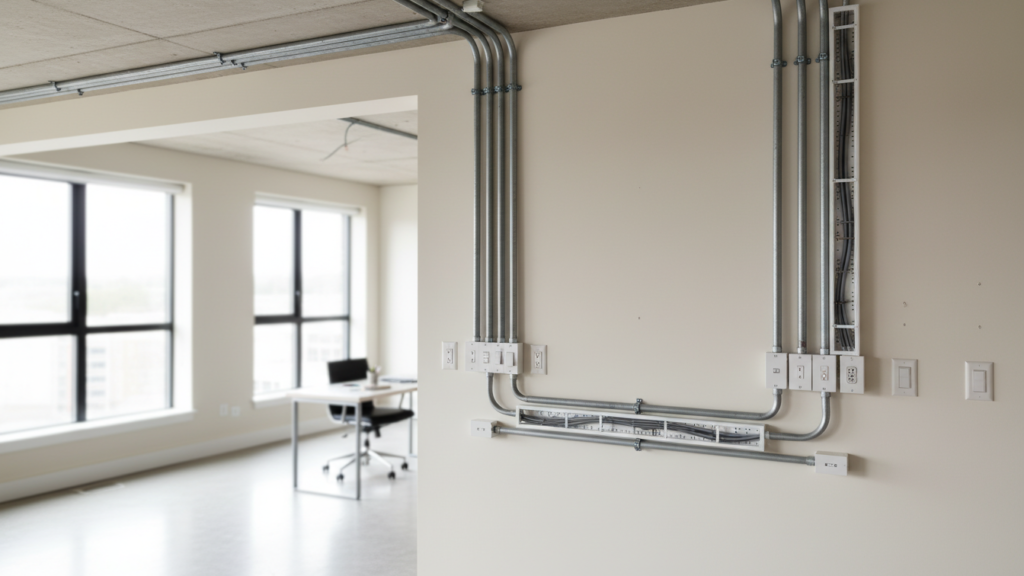 نمونه اجرای برق‌کشی روکار ساختمان با لوله و داکت قابل مشاهده
